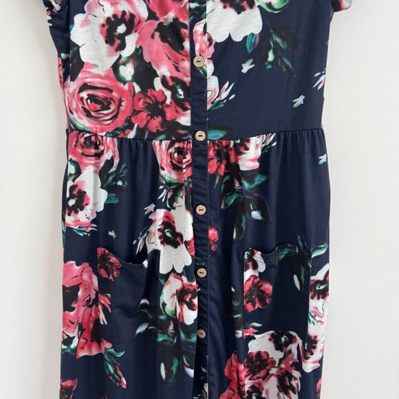 Women's Floral Navy Short-Sleeve V-Neck Pullover Midi Dress Size L - Picture 6 of 9